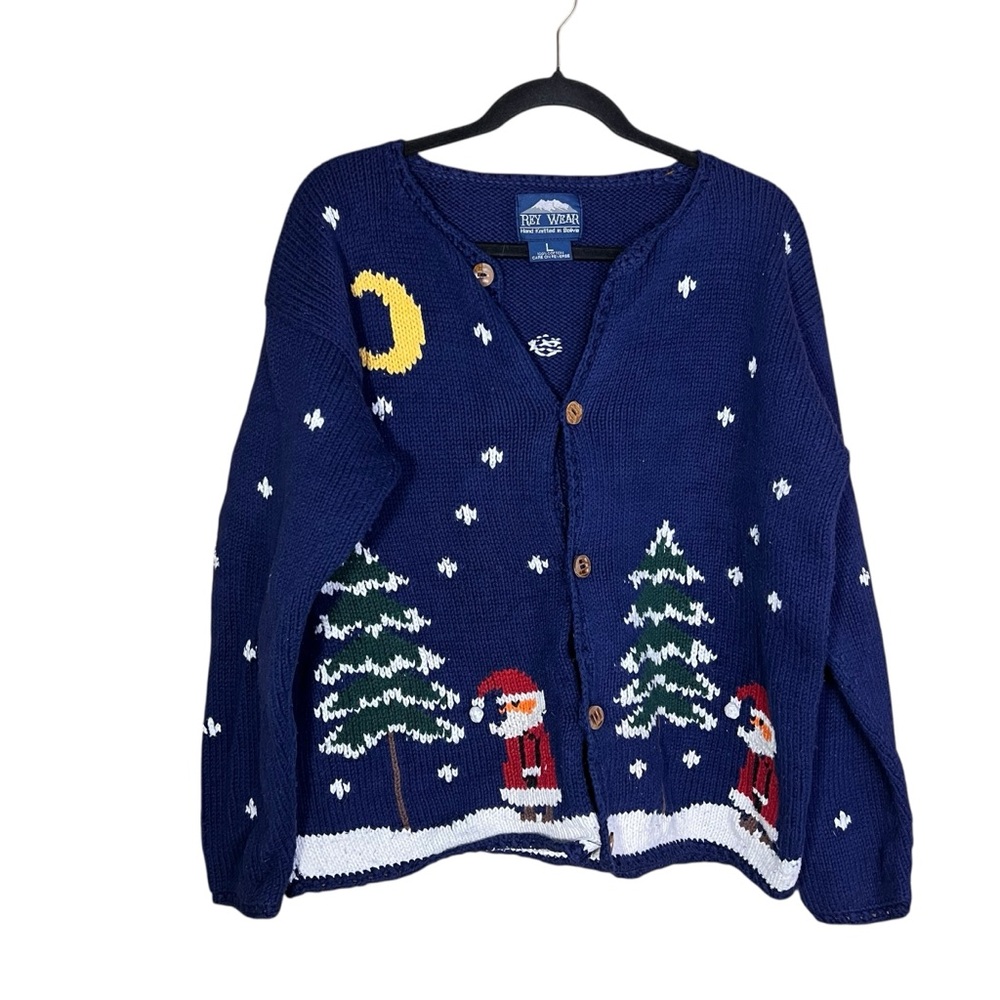 Rey Wear Hand Knit Vintage‎ Christmas Cardigan Sweater Blue Santa Size Large